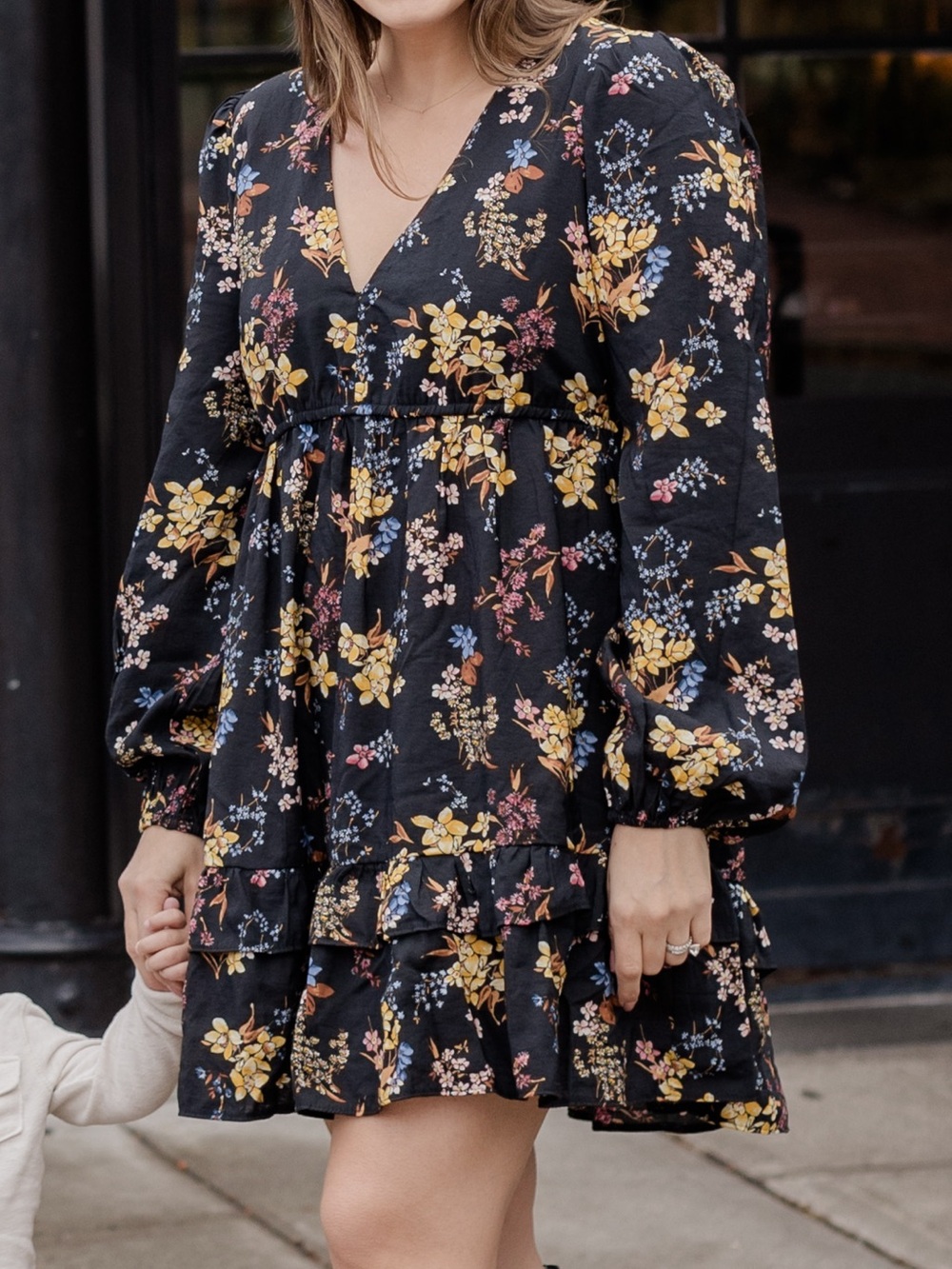 Abercrombie Floral Long Sleeve Mini Dress - Black w/ Yellow & Pink Flowers